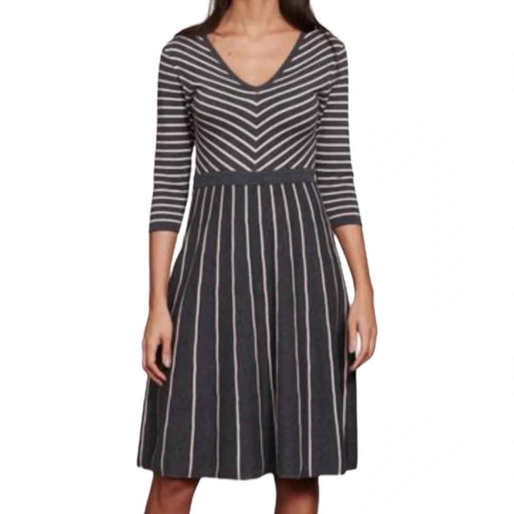 Boden Pink Grey Striped V-Neck Fit Flare 'Lucinda' Dress 3/4 Sleeve US 8R WW130